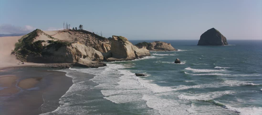 Sparse trees sit on a cliff overlooking the ocean