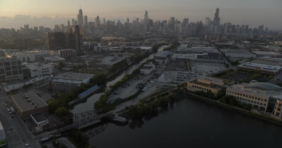 Cars Cross a bridge towards downtown Chicago