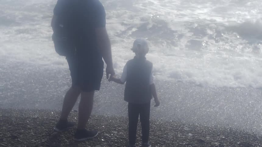 Parent and child next to beach
