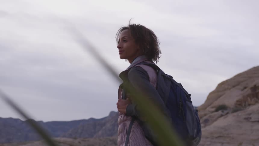 A woman is holding the straps of her backpack as she looks out at the mountains and scenery