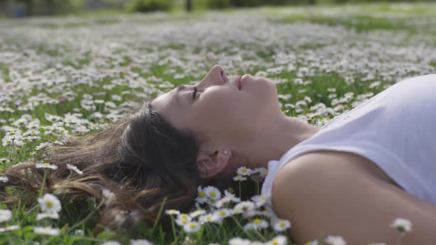 A woman lies on grass and flowers in a meadow