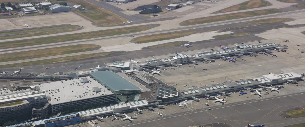 Airplanes move around an airport