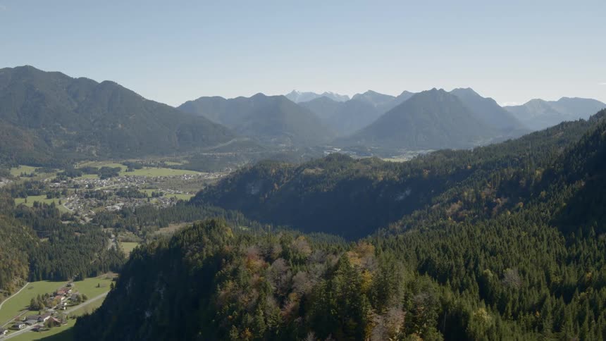 A mountain range covered in a pine forest during the day