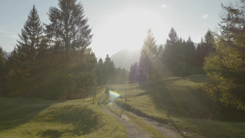 A couple walks down a path