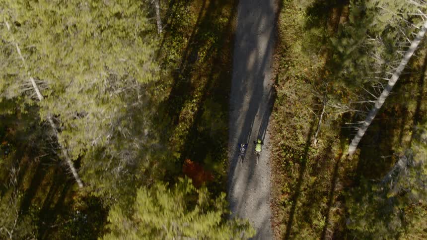 Two bicyclists ride down a rural road