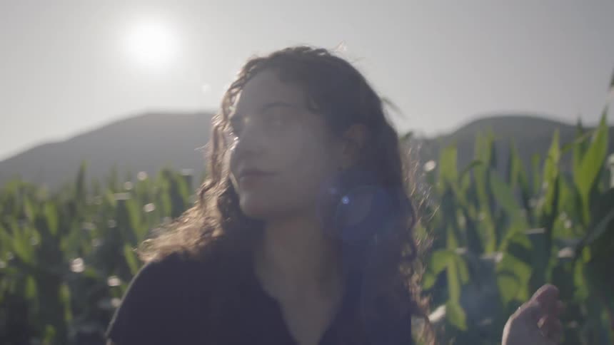 A young woman walks through a corn patch