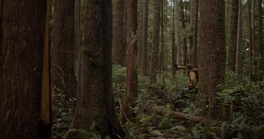 Photographer hiking through the forest