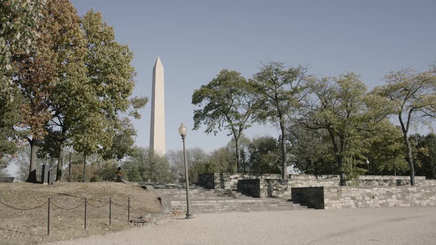 People walk in a park near the washington monument in dc