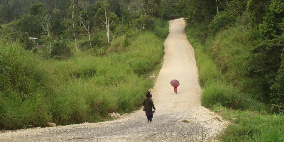 Villagers walking a dirt road in thick forest