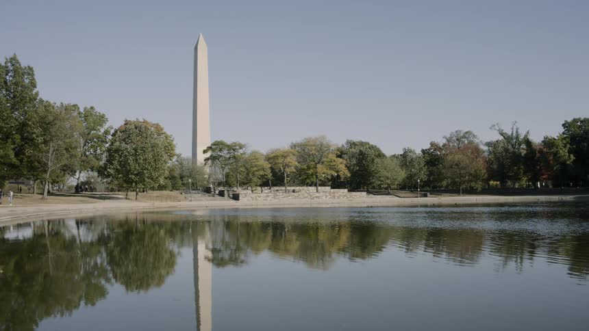 The washington monument in dc is reflected in rippling water