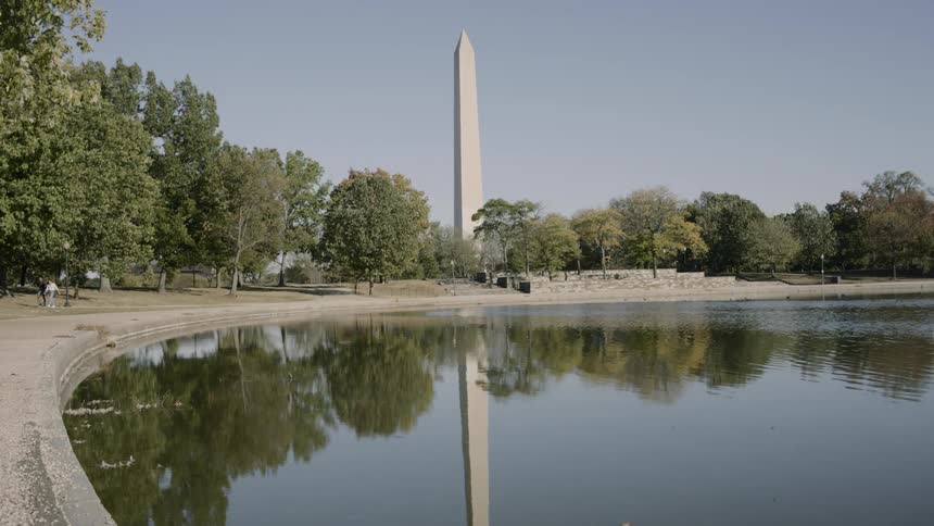 The washington monument reflects on a large pond