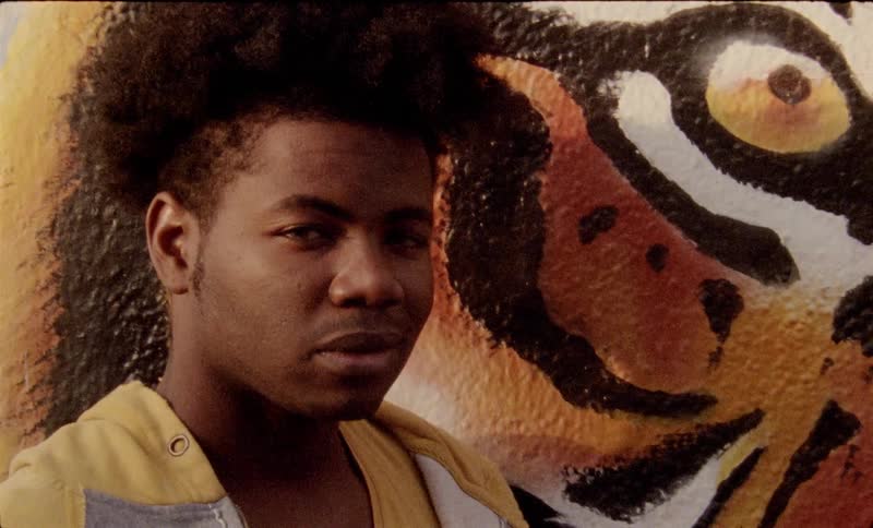 A man stands next to a painting of a tiger
