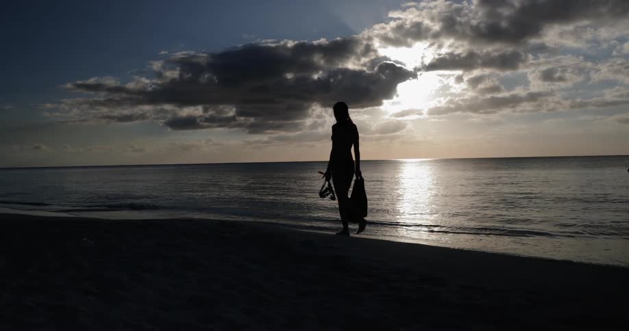 The silhouette of a woman carrying flippers and a snorkel mask walking on the beach at sunset