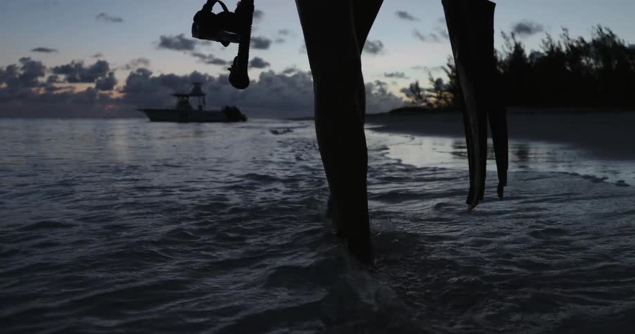 A person carries diving gear to their boat