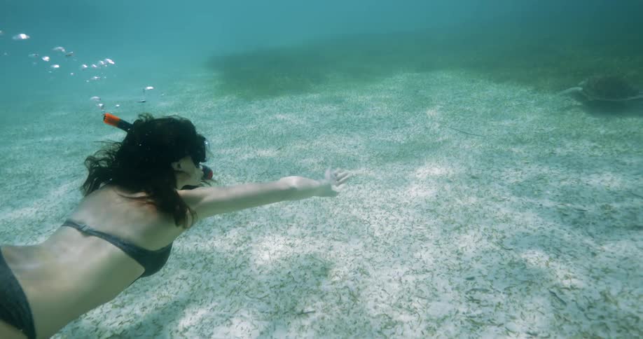 A woman with a snorkel swims along the bottom of the ocean