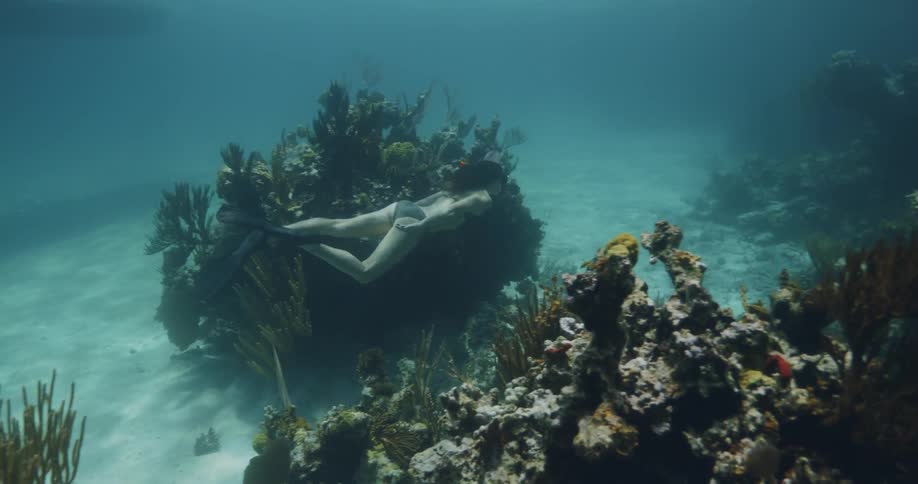 A woman swimming underwater with snorkels