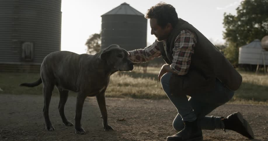 Man kneels down to pet dog