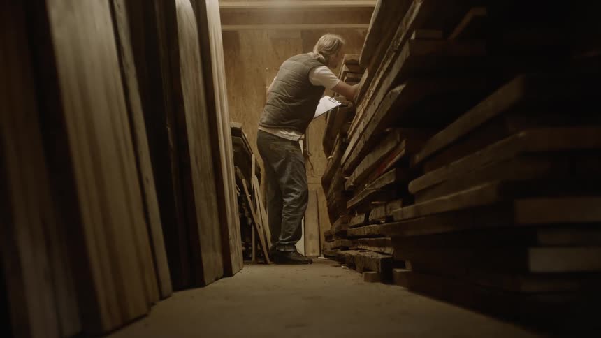 A man in a vest is looking through stacks of lumber and wood while taking notes in an indoor workshop