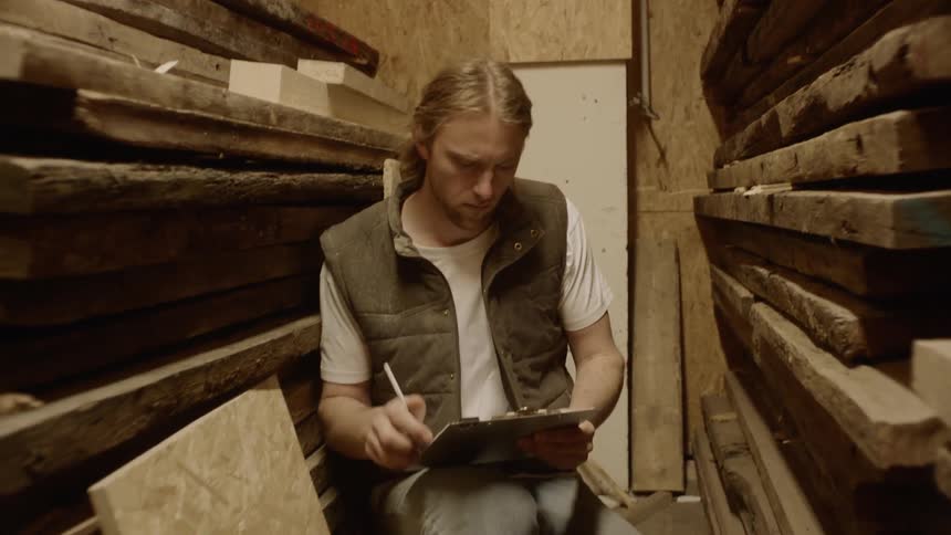 Blonde male taking inventory of lumbar in a small room