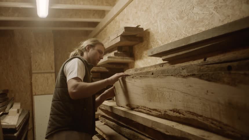 A man picks up a piece of lumber and examines it