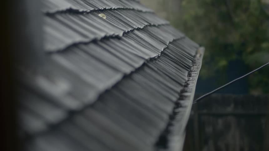 Rain flows down roof slats into gutter