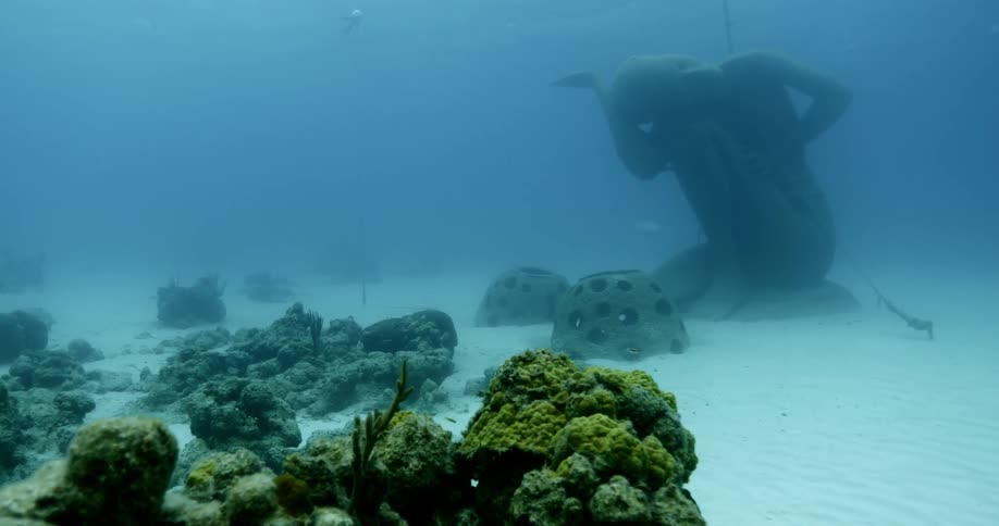 A statue sits under water next to a coral reef