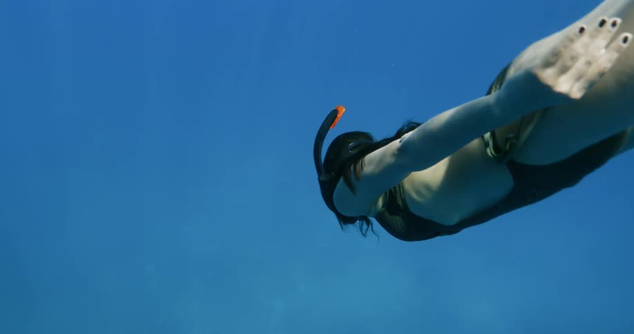 A woman is scuba diving underwater