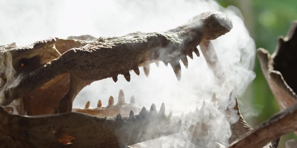 Smoke billows around an alligator skull
