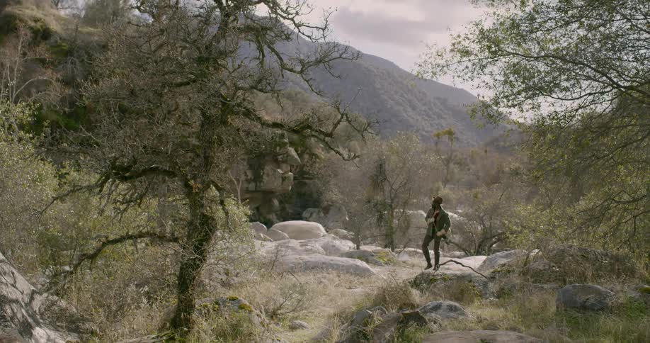 A man hikes through nature