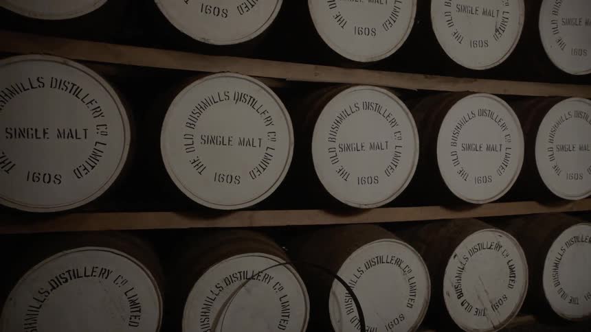 Barrels of single malt whisky sit on wood shelves in a distillery