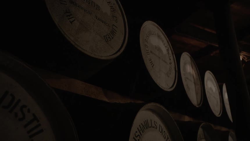 Casks of liquor stacked on shelves