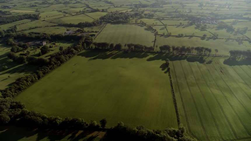 Large fields covering a rural town with some buildings and trees