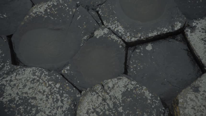Rain drips onto wet rocks covered in lichen