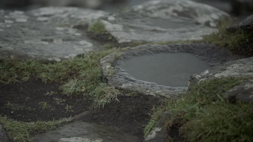 A rain puddle on the ground on a rainy day