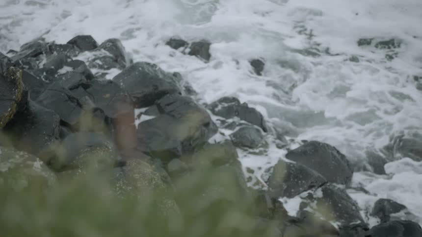 Waves crashing on boulders with a grass covered field above