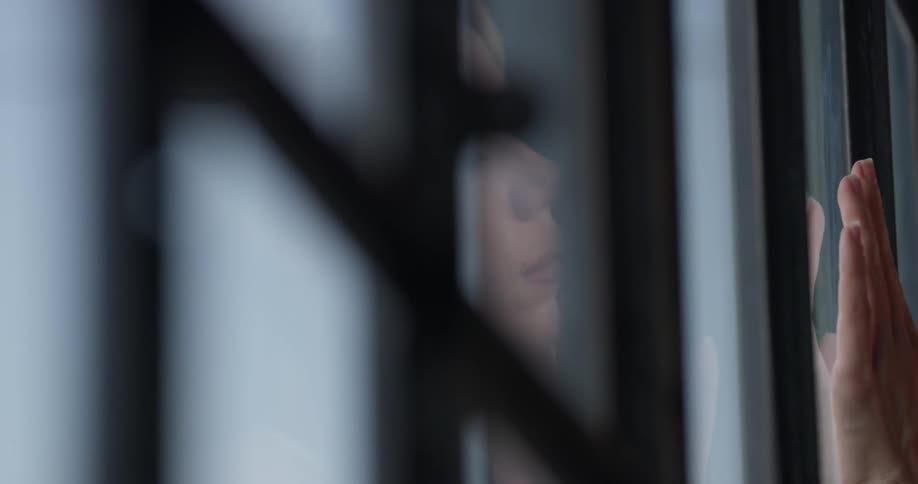 A woman with her hands on the window looking outside