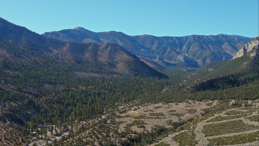 A mountainous region with the low point of a valley covered in trees under a clear blue sky