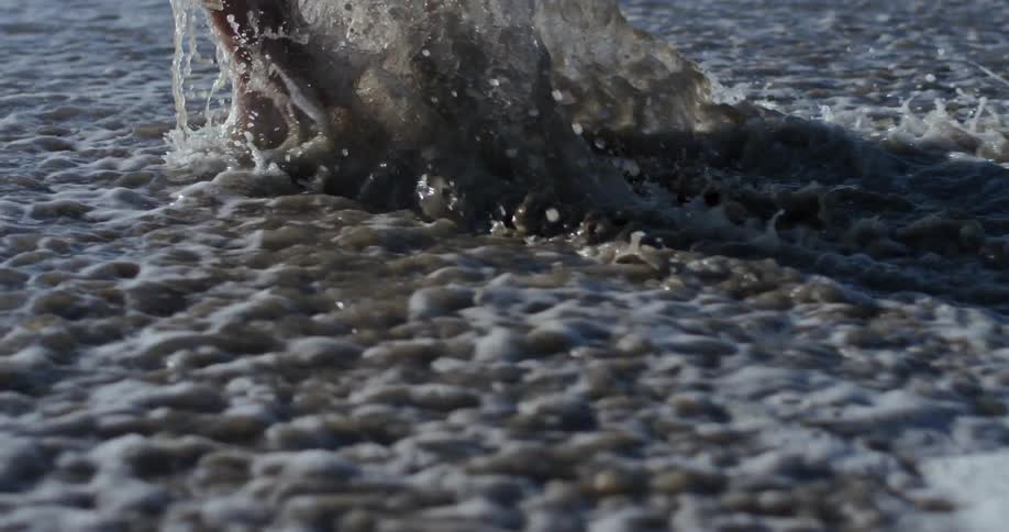 As the waves come crashing into the shoreline a person is standing in a pose as the wave cascade against their feet