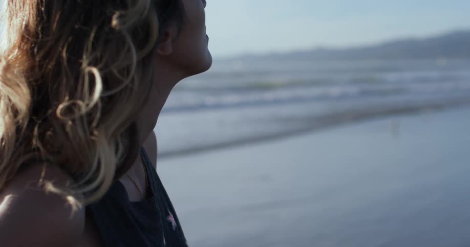 Wind blows through a womans hair while she stands on a sandy beach
