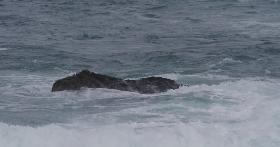Wave crashes over rock outcropping near shore