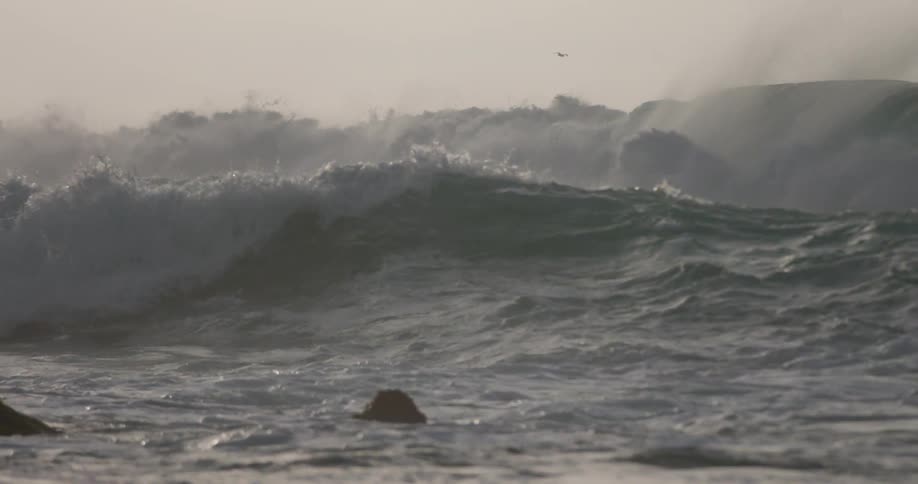The ocean is filled with large waves heading to shore