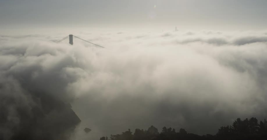 Suspension bridge peaks through obscuring fog