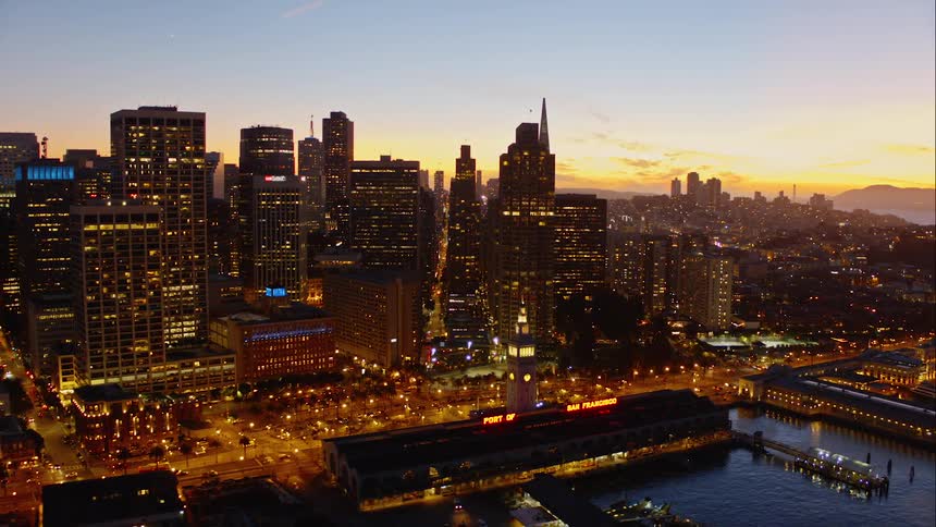 Landscape view of a downtown area at dusk