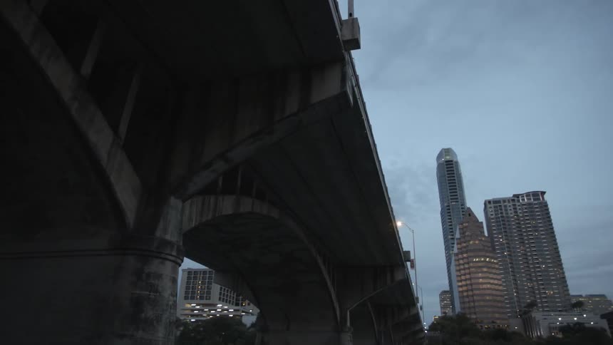 View of underside of bridge from the river,