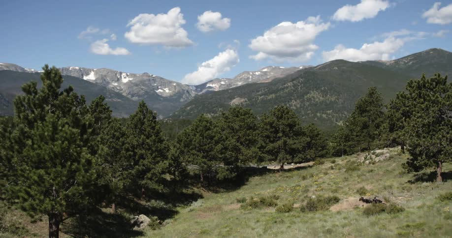 A hill is covered with trees with mountains in the distance on a cloudy day