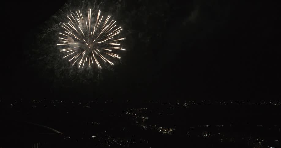 Fireworks explode in a night sky
