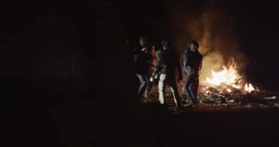 People are dancing in a group by a campfire at night