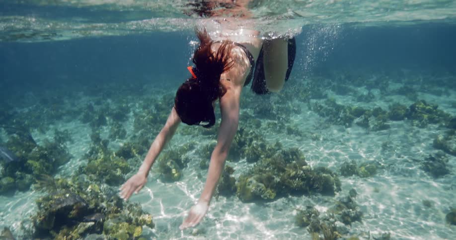A woman swims in shallow open waters while wearing a snorkel and flippers