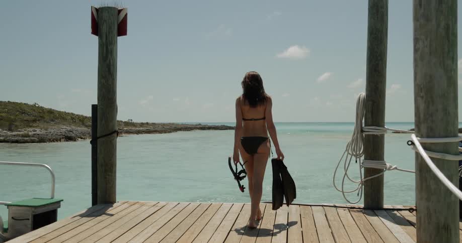 A woman is walking on a dock by the coastline