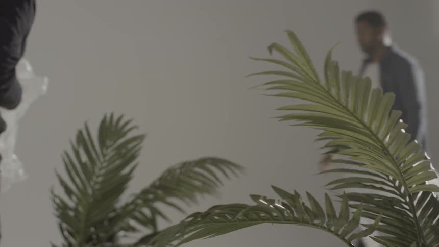 A man removes plastic from a plant
